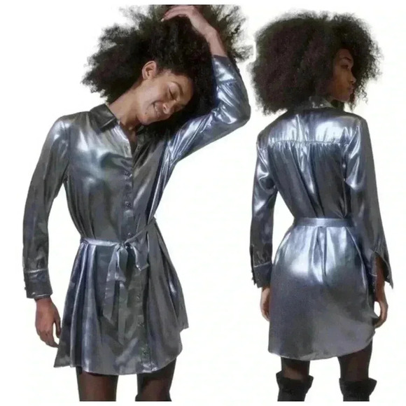 Urban Outfitters Metallic Silver Satin Shirt Mini Dress Button Down Midnight S - Picture 10 of 11